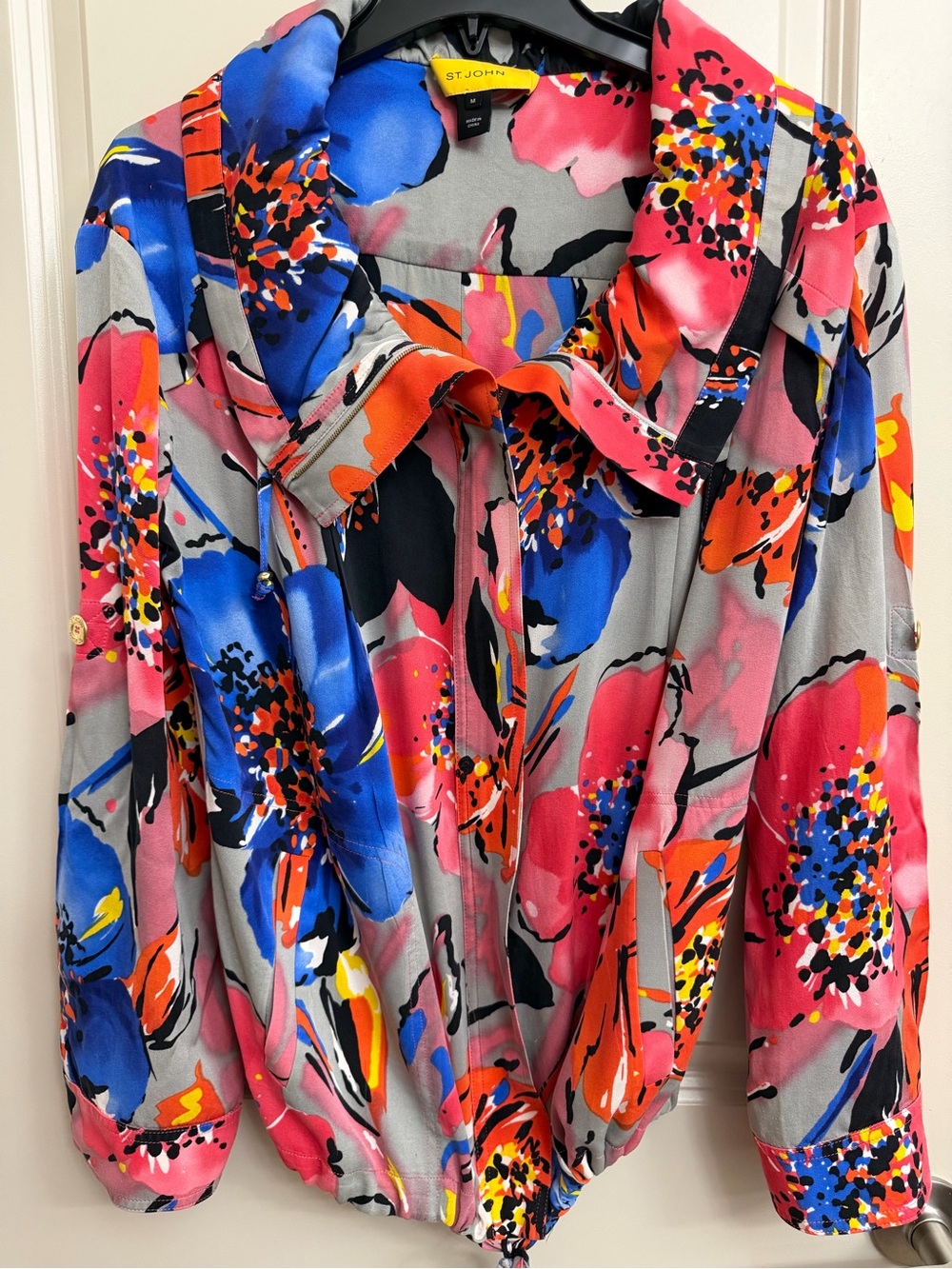 St. John Multicolor Floral Silk Blouse - Pink, Blue & Orange